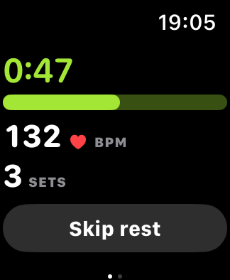 KinetiQ on Apple Watch showing a 47-second rest timer draining
